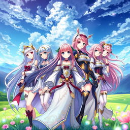 A group of anime women with long flowing hair, intricate and colorful fantasy-inspired outfits, set against a vibrant and magical landscape