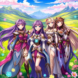 A group of anime women with long flowing hair, intricate and colorful fantasy-inspired outfits, set against a vibrant and magical landscape