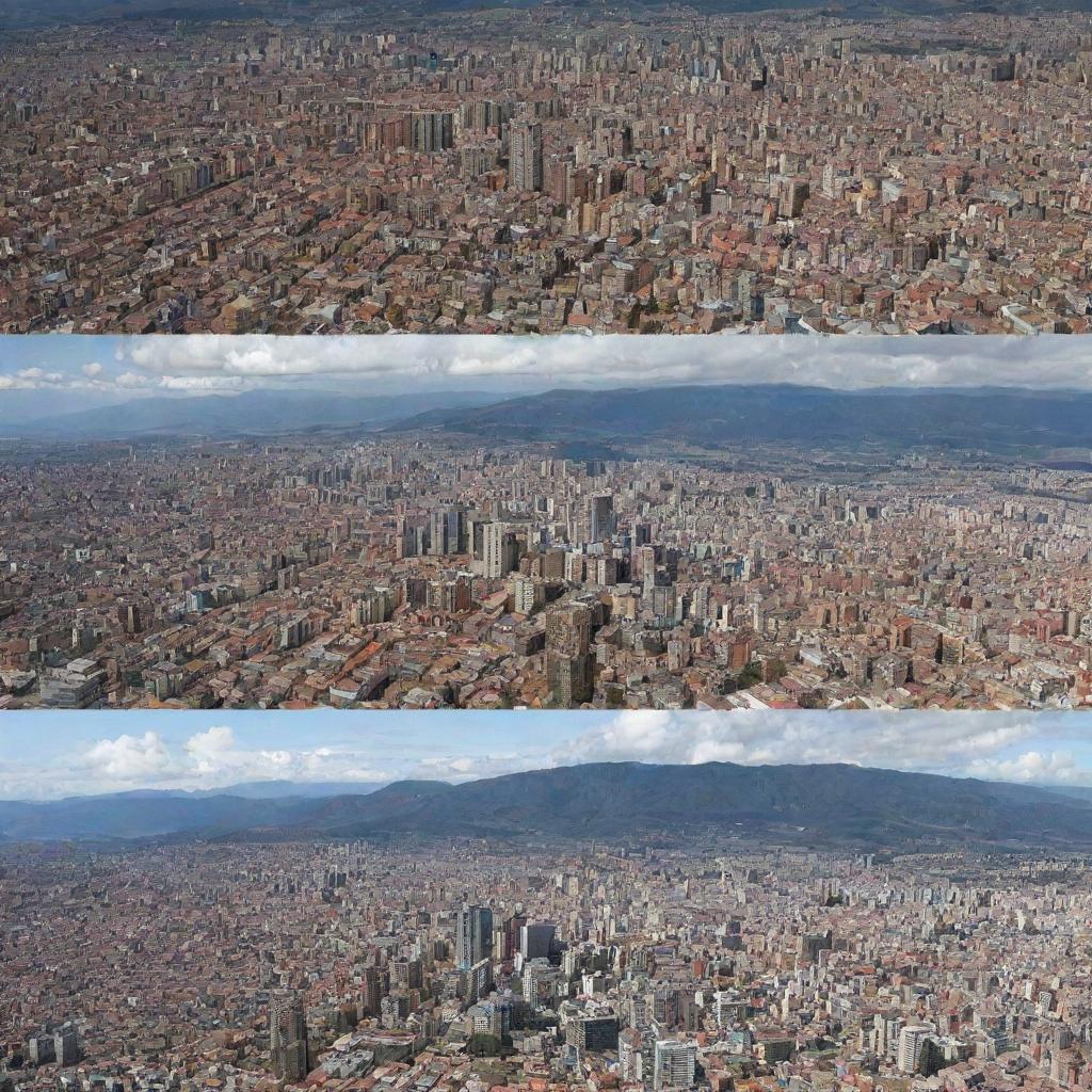 A split-view image of Bogota showing the city at three different levels: underground, street-level, and aerial perspective.