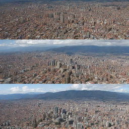 A split-view image of Bogota showing the city at three different levels: underground, street-level, and aerial perspective.