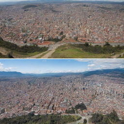 A split-view image of Bogota showing the city at three different levels: underground, street-level, and aerial perspective.