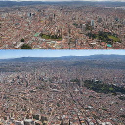 A split-view image of Bogota showing the city at three different levels: underground, street-level, and aerial perspective.