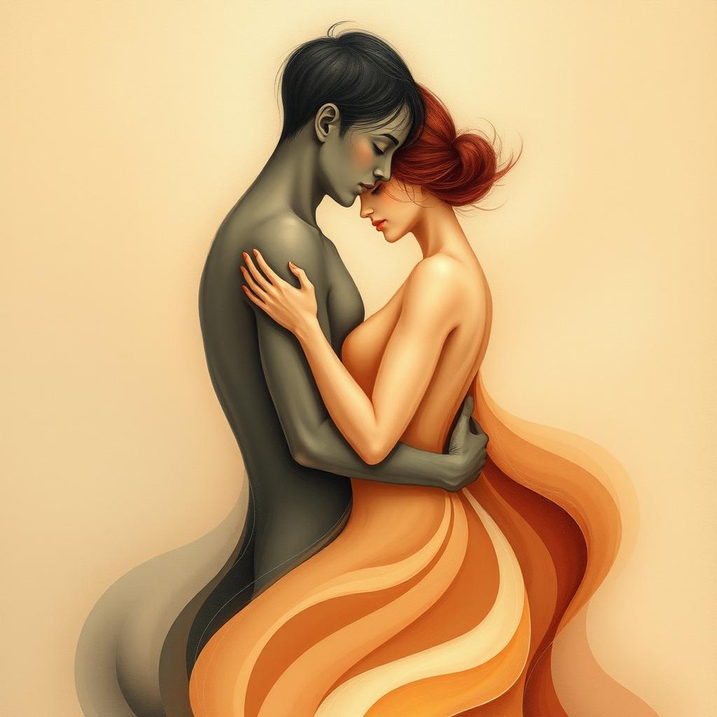 A tasteful, abstract representation of human intimacy, captured with gentle curves, subtle hues, and a harmonious balance of two figures intertwined in a loving embrace, surrounded by soft, flowing textures that suggest a sense of connection and tenderness