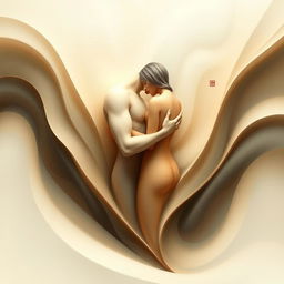 A tasteful, abstract representation of human intimacy, captured with gentle curves, subtle hues, and a harmonious balance of two figures intertwined in a loving embrace, surrounded by soft, flowing textures that suggest a sense of connection and tenderness