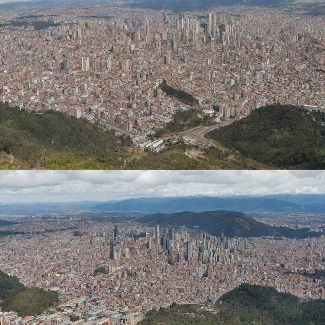 A split-view image of Bogota showing the city at three different levels: underground, street-level, and aerial perspective.