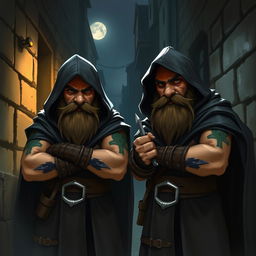 Two dwarves with crow tattoos on their arms wearing classic thieves' attire, which includes dark hooded cloaks and stealthy leather armor