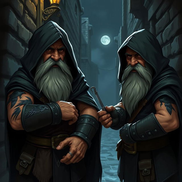 Two dwarves with crow tattoos on their arms wearing classic thieves' attire, which includes dark hooded cloaks and stealthy leather armor