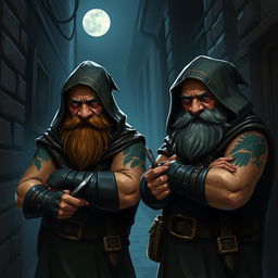 Two dwarves with crow tattoos on their arms wearing classic thieves' attire, which includes dark hooded cloaks and stealthy leather armor