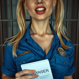 An extreme close-up of a gorgeous police officer with blond pigtails, wearing a blue uniform shirt tied at the front, showcasing a police badge