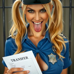 An extreme close-up of a gorgeous police officer with blond pigtails, wearing a blue uniform shirt tied at the front, showcasing a police badge