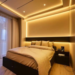 A beautifully decorated room with ambient decor lights around a large 6x6 bed, a chic wardrobe to the side, a mirror, and a TV console.