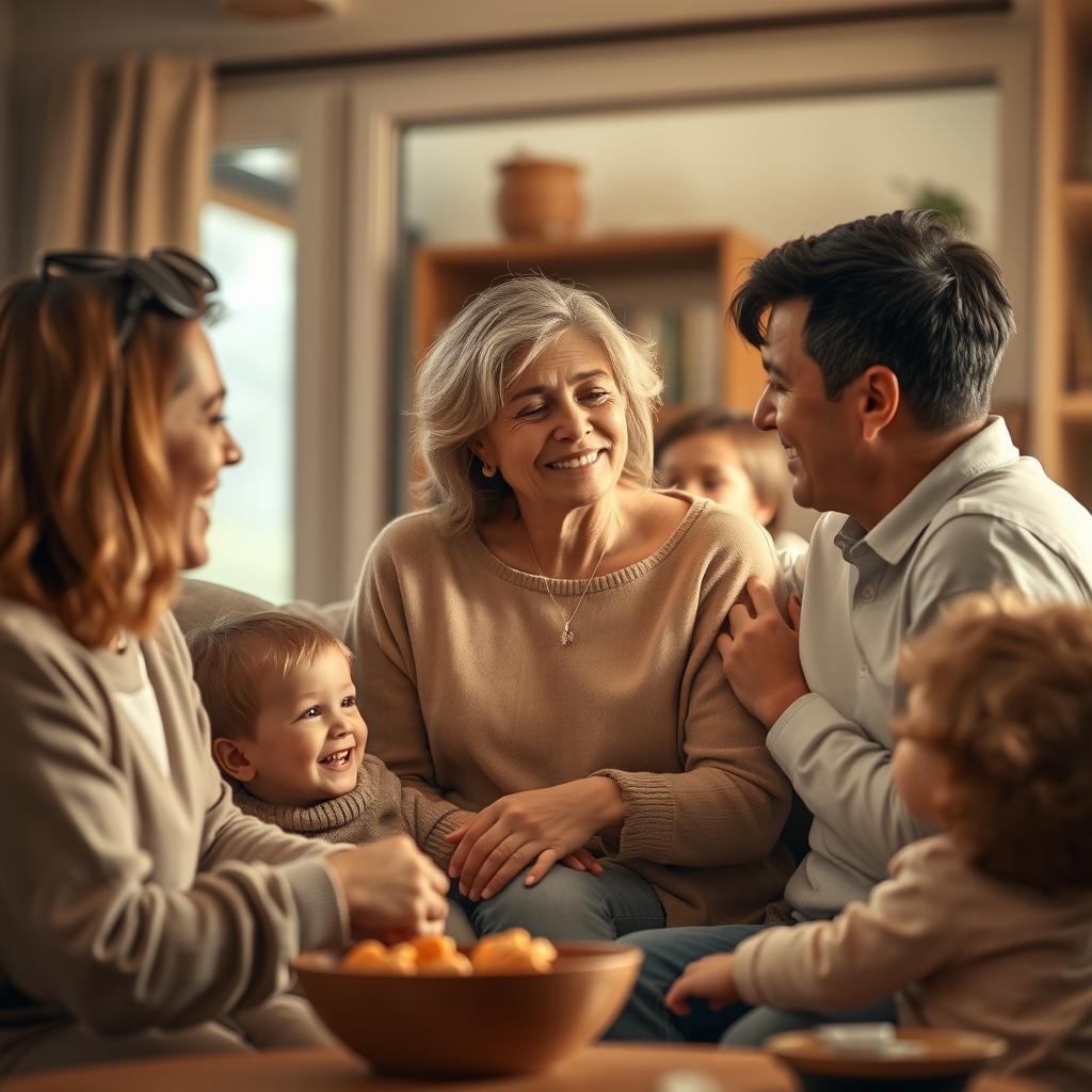 A heartfelt and warm depiction of a family gathering, focusing on a mother displaying affection towards her loved ones, surrounded by an atmosphere of love and care