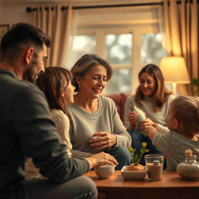 A heartfelt and warm depiction of a family gathering, focusing on a mother displaying affection towards her loved ones, surrounded by an atmosphere of love and care