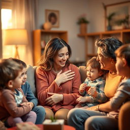 A heartfelt and warm depiction of a family gathering, focusing on a mother displaying affection towards her loved ones, surrounded by an atmosphere of love and care