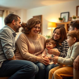 A heartfelt and warm depiction of a family gathering, focusing on a mother displaying affection towards her loved ones, surrounded by an atmosphere of love and care