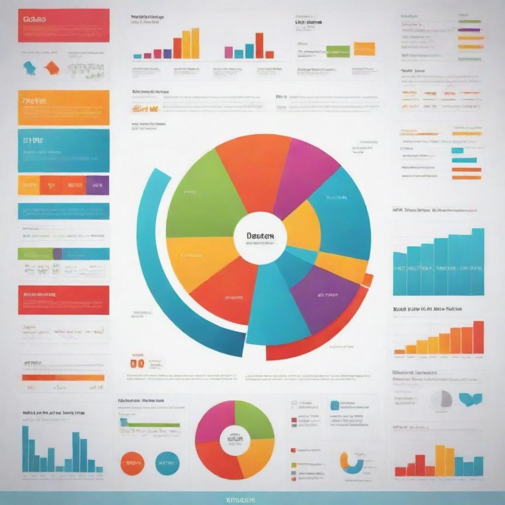 An infographic densely packed with eye-catching visuals and concise data, containing a wealth of information presented in an engaging manner. Features vibrant colors, bar graphs, pie charts, timelines and icons.