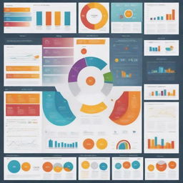 An infographic densely packed with eye-catching visuals and concise data, containing a wealth of information presented in an engaging manner. Features vibrant colors, bar graphs, pie charts, timelines and icons.