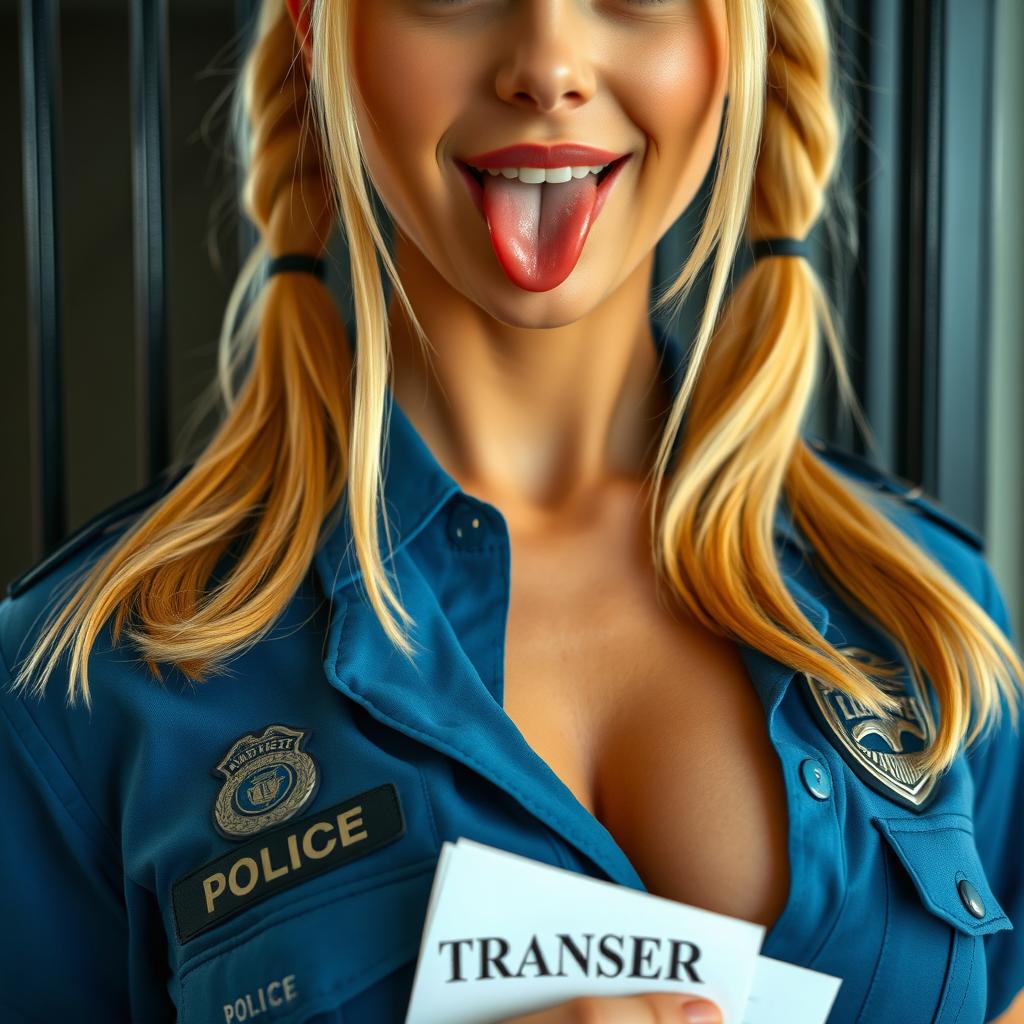 An extreme close-up of a gorgeous police officer with blond pigtails, wearing a blue uniform shirt tied at the front, showcasing a police badge