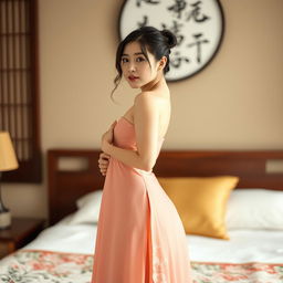 a beautiful Chinese woman standing shyly in front of a bed, full body portrait, depicted in an artistic and tasteful manner, focusing on her natural beauty, graceful pose, and elegant expression