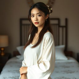 a beautiful Chinese woman standing shyly in front of a bed, full body portrait, depicted in an artistic and tasteful manner, focusing on her natural beauty, graceful pose, and elegant expression