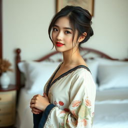 a beautiful Chinese woman standing shyly in front of a bed, full body portrait, depicted in an artistic and tasteful manner, focusing on her natural beauty, graceful pose, and elegant expression