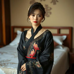 a beautiful Chinese woman standing shyly in front of a bed, full body portrait, depicted in an artistic and tasteful manner, focusing on her natural beauty, graceful pose, and elegant expression