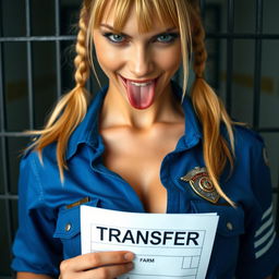 An extreme close-up of a gorgeous police officer with blond pigtails, wearing a blue uniform shirt tied at the front, showcasing a police badge