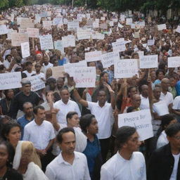 A passionate protest rally with multitudes of diverse individuals holding up signs denouncing genocide and advocating for peace and justice.