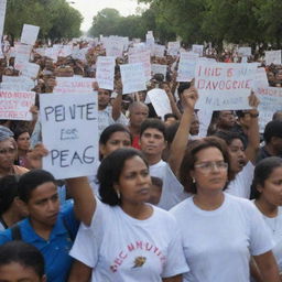 A passionate protest rally with multitudes of diverse individuals holding up signs denouncing genocide and advocating for peace and justice.