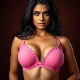 Portrait of an Indian woman with large breasts wearing a sexy pink bra, focusing on the sensuous and alluring look