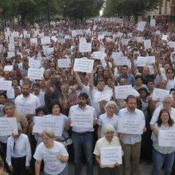 A passionate protest rally with multitudes of diverse individuals holding up signs denouncing genocide and advocating for peace and justice.