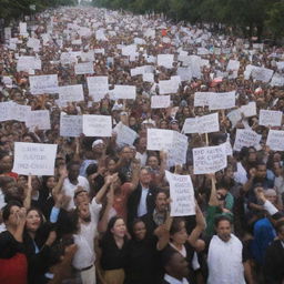 A passionate protest rally with multitudes of diverse individuals holding up signs denouncing genocide and advocating for peace and justice.