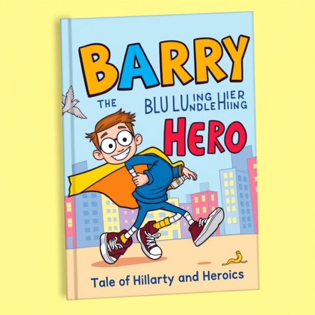 A vibrant and humorous book cover featuring Barry, a clumsy yet lovable superhero