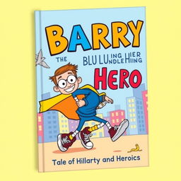 A vibrant and humorous book cover featuring Barry, a clumsy yet lovable superhero