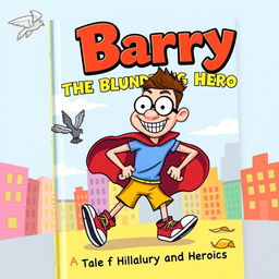 A vibrant and humorous book cover featuring Barry, a clumsy yet lovable superhero