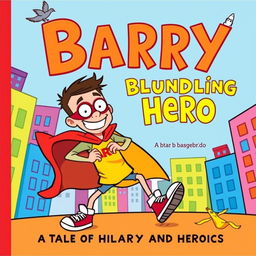 A vibrant and humorous book cover featuring Barry, a clumsy yet lovable superhero