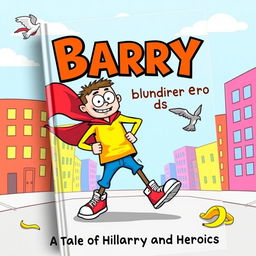 A vibrant and humorous book cover featuring Barry, a clumsy yet lovable superhero