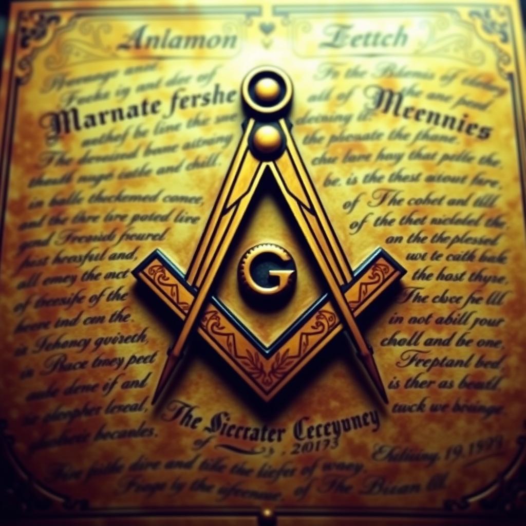 A detailed depiction featuring Masonic writing with a central focus on the square and compass symbol