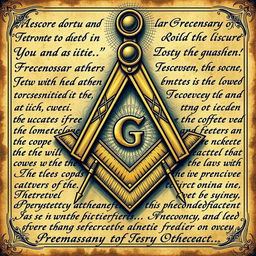 A detailed depiction featuring Masonic writing with a central focus on the square and compass symbol