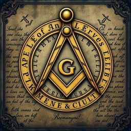 A detailed depiction featuring Masonic writing with a central focus on the square and compass symbol