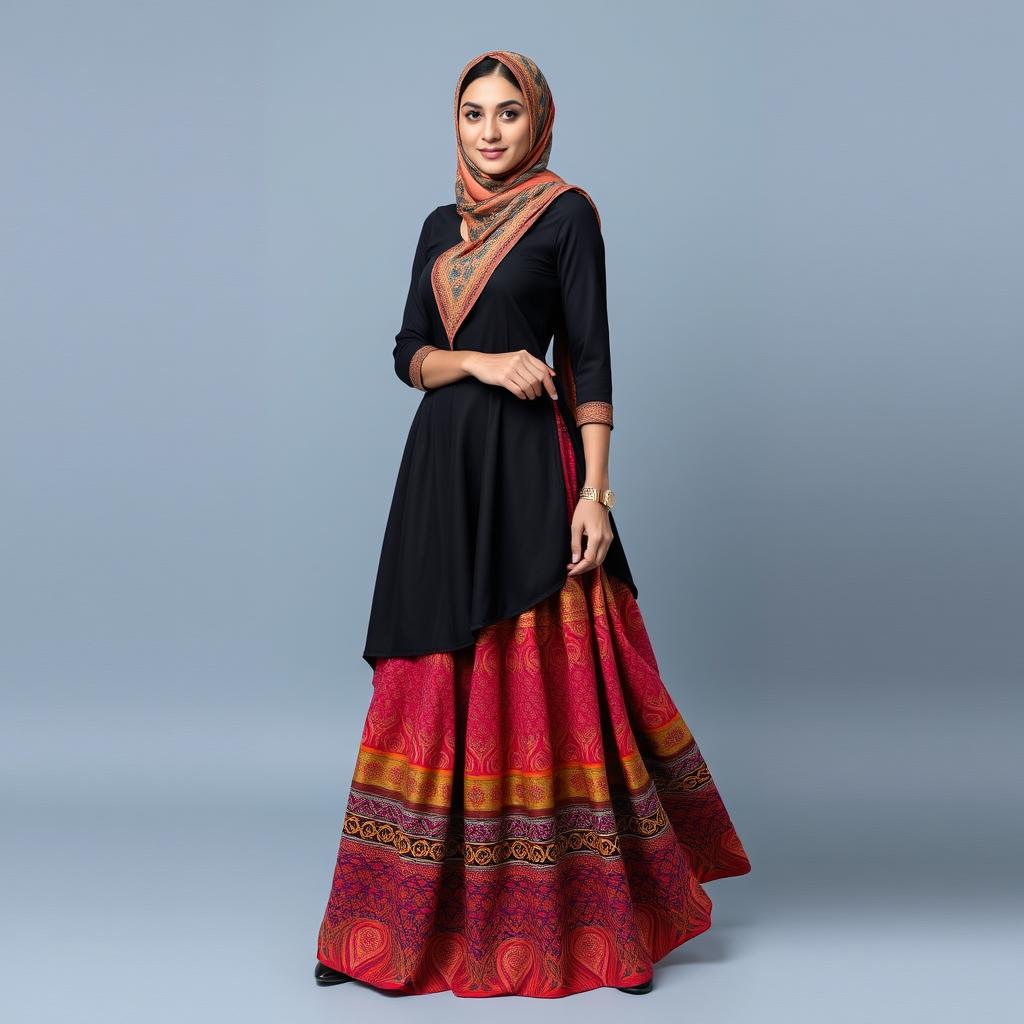 Anarkali outfit styled with a flowing Batik skirt, featuring intricate patterns in vibrant colors, elegantly draping to the floor