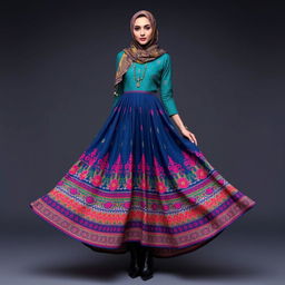 Anarkali outfit styled with a flowing Batik skirt, featuring intricate patterns in vibrant colors, elegantly draping to the floor