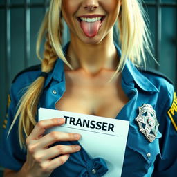 extreme close-up of a gorgeous police officer with blonde pigtails, wearing a blue uniform shirt tied in front, showcasing a police badge and prominent chest with visible cleavage