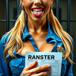 extreme close-up of a stunning police officer with blonde pigtails, dressed in a blue uniform shirt tied in front, displaying her police badge and large chest with noticeable cleavage