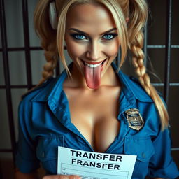 extreme close-up of a stunning police officer with blonde pigtails, dressed in a blue uniform shirt tied in front, displaying her police badge and large chest with noticeable cleavage