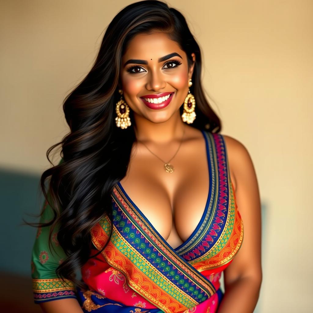 A beautiful, sexy, voluptuous Indian woman wearing a colorful kitibni top that accentuates her generous curves and big boobs