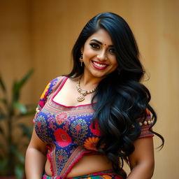 A beautiful, sexy, voluptuous Indian woman wearing a colorful kitibni top that accentuates her generous curves and big boobs