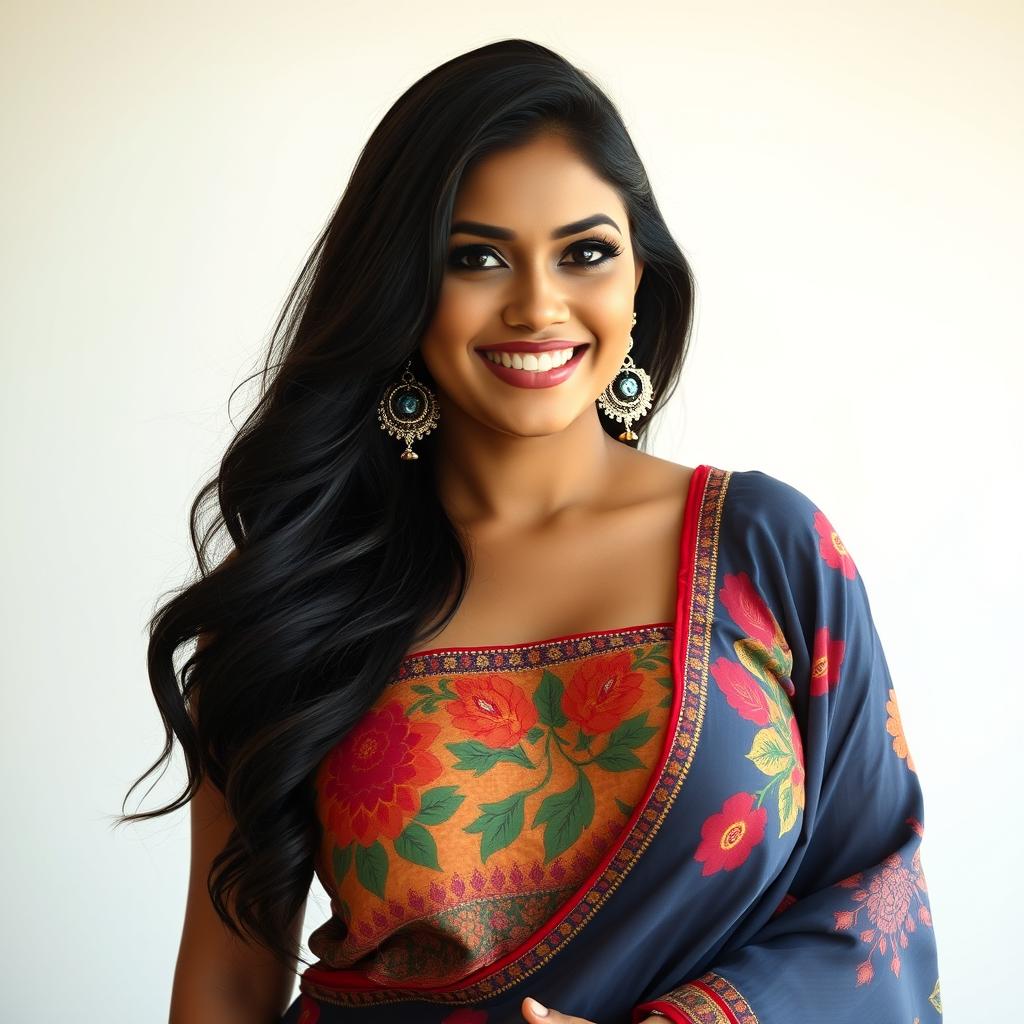 A beautiful, sexy, voluptuous Indian woman wearing a colorful kitibni top that accentuates her generous curves and big boobs