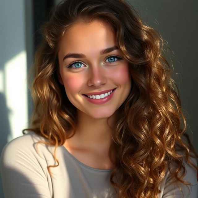 A pretty woman, 20 years old, with long, curly brown hair and striking blue eyes