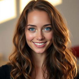 A pretty woman, 20 years old, with long, curly brown hair and striking blue eyes